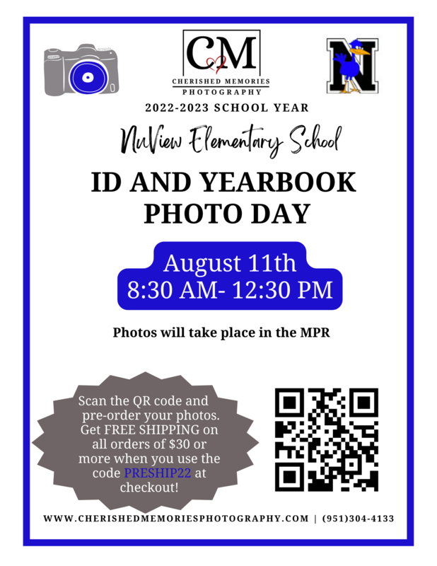 Flier with a camera and QR code on it. Displays information for picture day on August 11th.