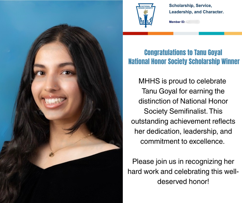 Congratulations to MHHS Tanu Goyal, for winning a NHS Scholarship Featured Photo