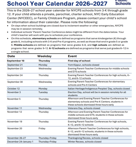 School year calendar for NYC Public Schools 2026-2027 with important dates.