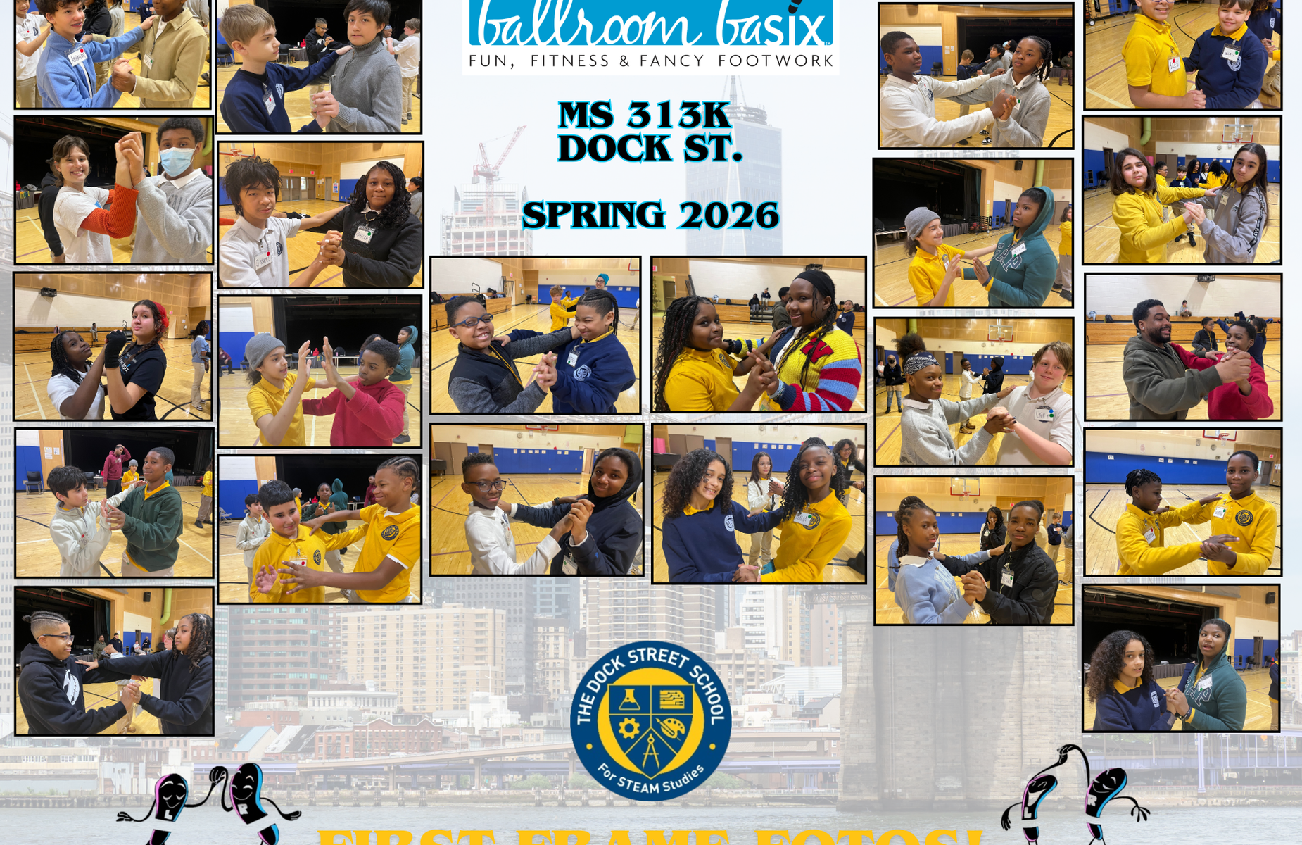 Collage of diverse students dancing and practicing footwork in a classroom setting.