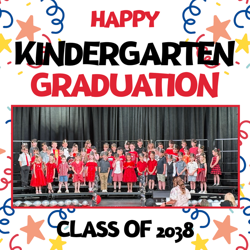 Children in red dresses celebrate kindergarten graduation on stage.