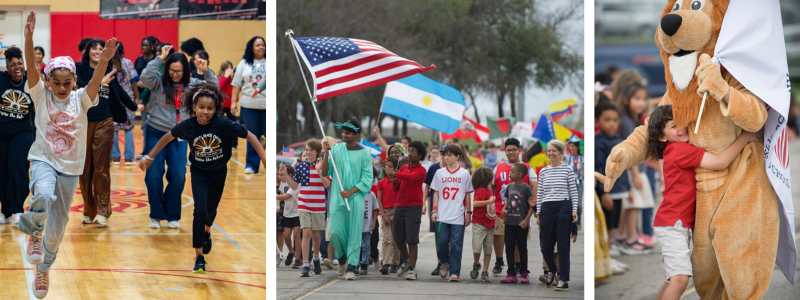 Students and staff dance, walk in the world parade with United States flag followed by other countries, and a student hugs Roary the lion, 
