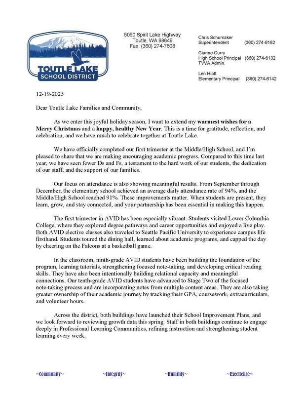 Supt. Letter to Toutle Lake Learning Community - Dec 2025