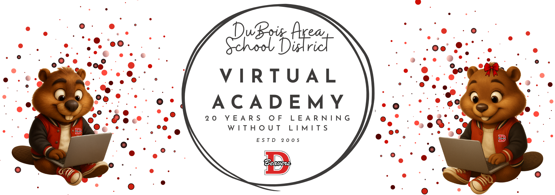 Two cartoon beavers with laptops promoting DuBois Area School District Virtual Academy.