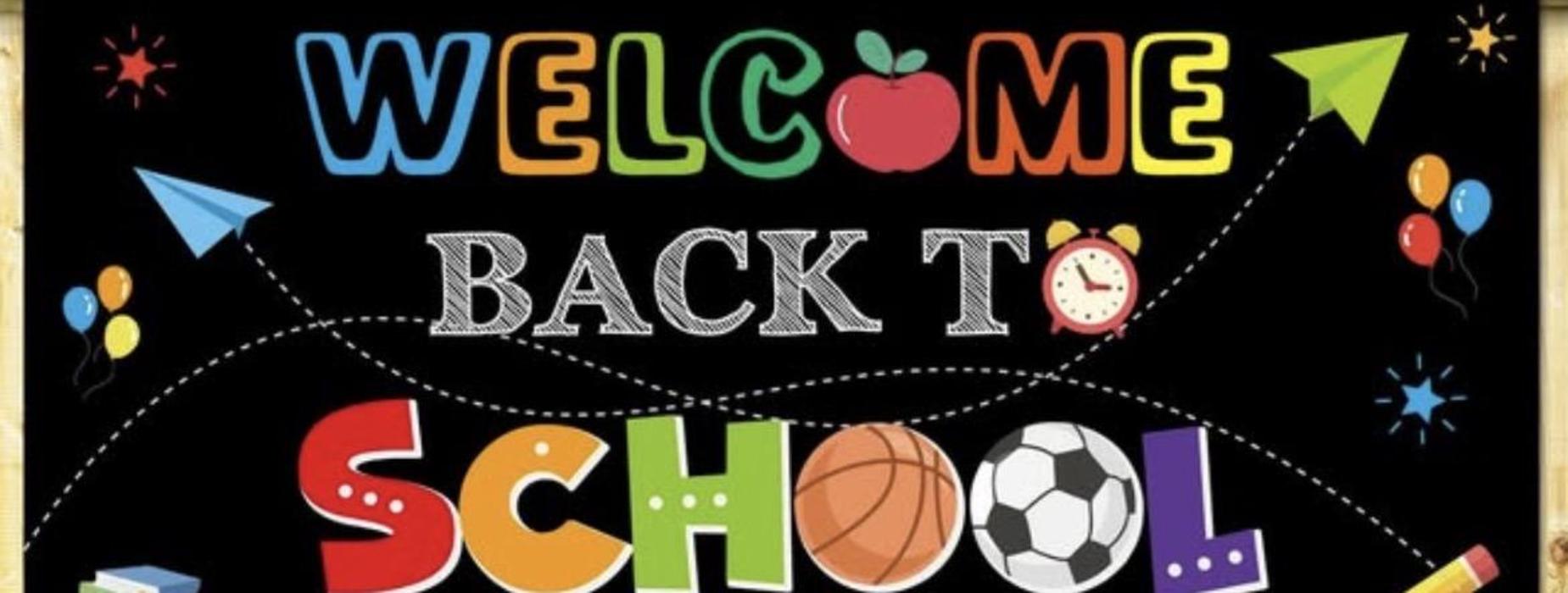 Colorful collage welcoming students back to school with playful elements.