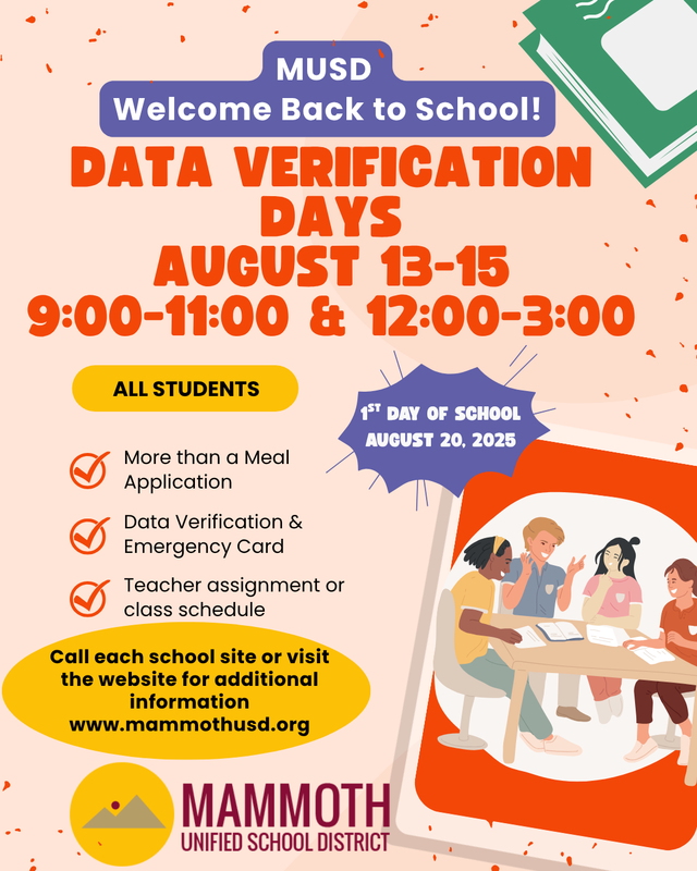 Colorful announcement for school data verification days with text and illustrations of students.