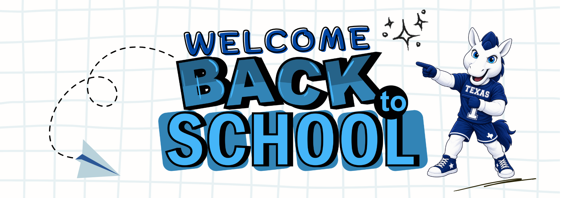 Text welcoming students back to school with a cartoon mascot pointing.