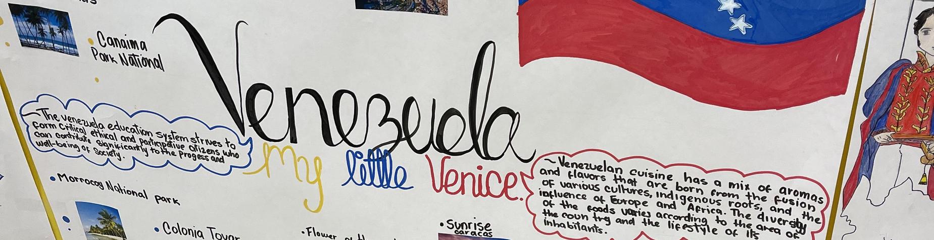 A colorful poster showcasing Venezuelan culture and cuisine highlights.