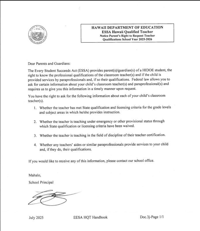ESSA Parent's Right to Request Teacher Qualifications