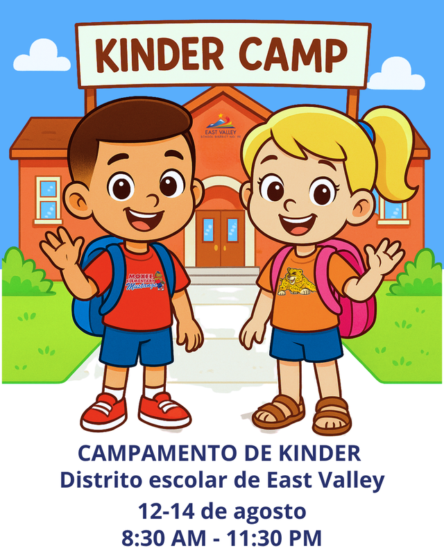 Two cartoon kinder students standing in front of a school, ready for Kinder Camp