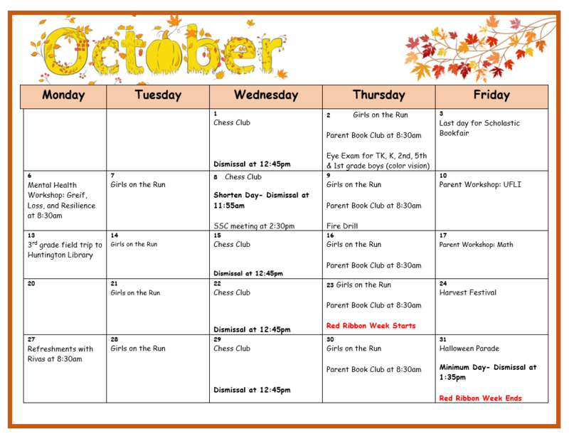 October Calendar English