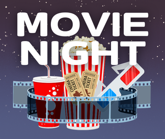 White Movie Night Text in front of a collection of movie-themed icons