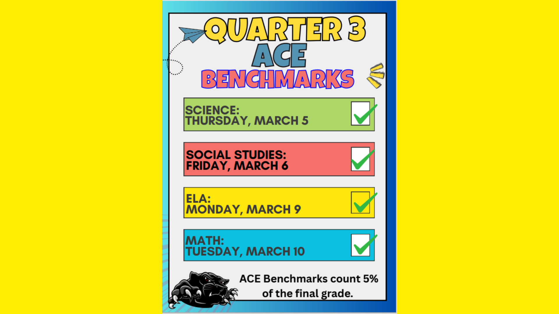 Quarter 3 ACE benchmarks schedule with subjects and dates.
