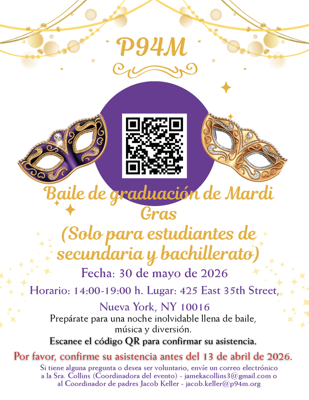 Spanish- Mardi Gras gold masks with a purple dot and QR code