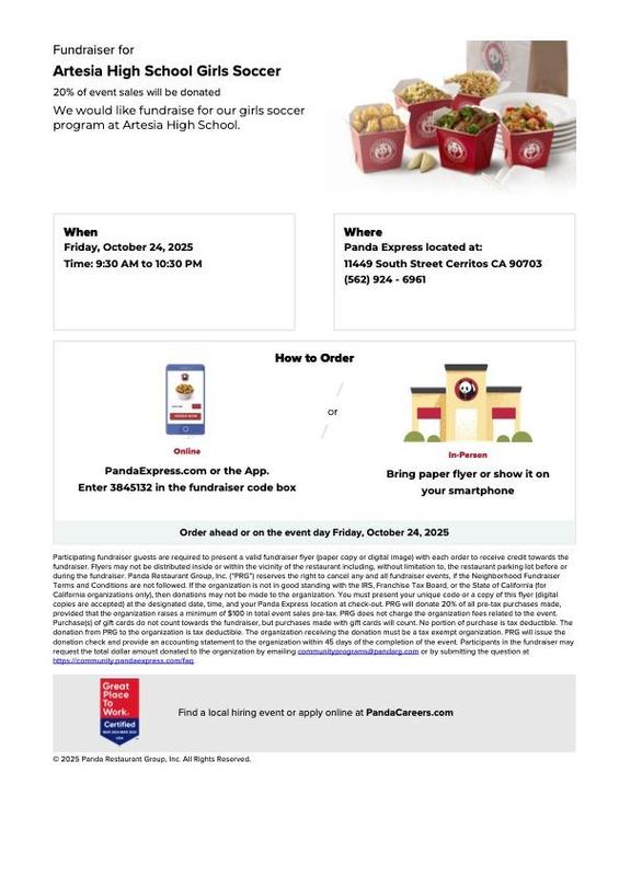 When Friday, October 24, 2025 Time: 9:30 AM to 10:30 PM  Where Panda Express located at: 11449 South Street Cerritos CA 90703 (562) 924 - 6961   Online  PandaExpress.com or the App. Enter 3845132 in the fundraiser code box or  In-Person  Bring paper flyer or show it on your smartphone