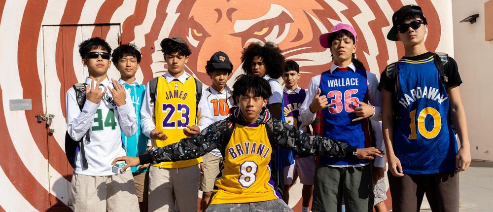 Students in basketball jerseys for Halloween
