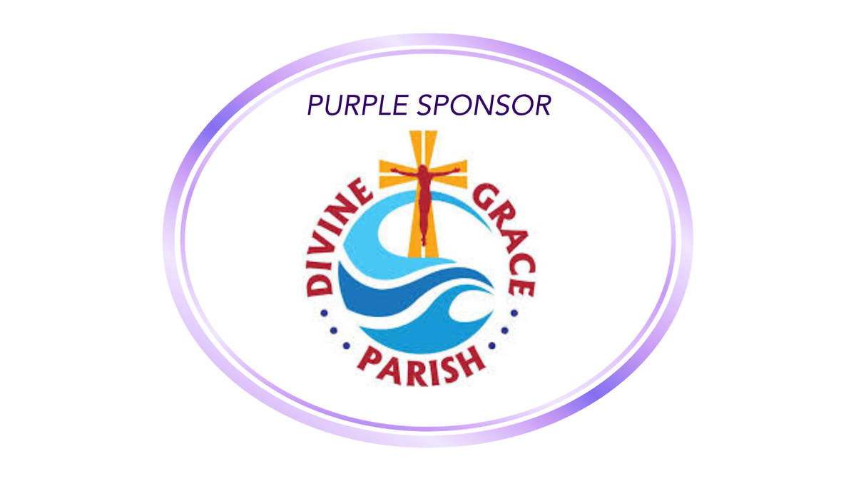 purple oval with Divine Grace parish logo