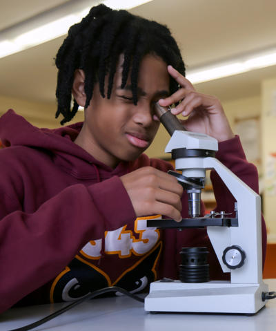 Student looking through a microscope.