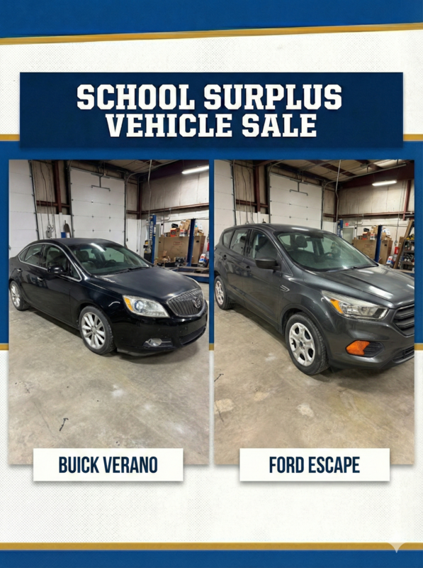 Flyer for School Surplus Vehicle Sale. Images represent Buick Verano and Ford Escape.