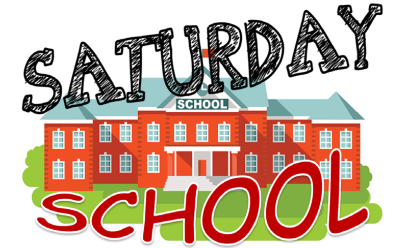 There is a drawing of a school with the words Saturday School.