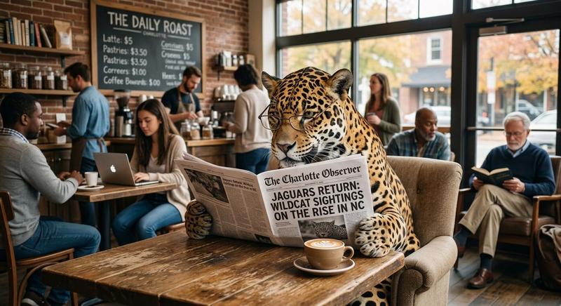Jaguar reading the newspaper in a coffee shop.