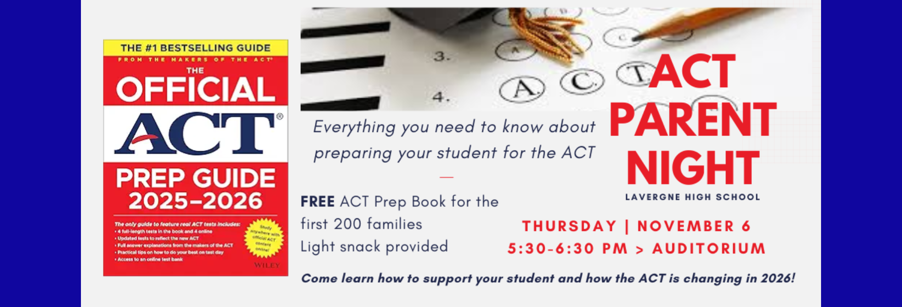 background photo of bubble answer sheet with ACT written in the bubbles for answer #4 and the cover of the Official ACT Prep Guide 2025-26