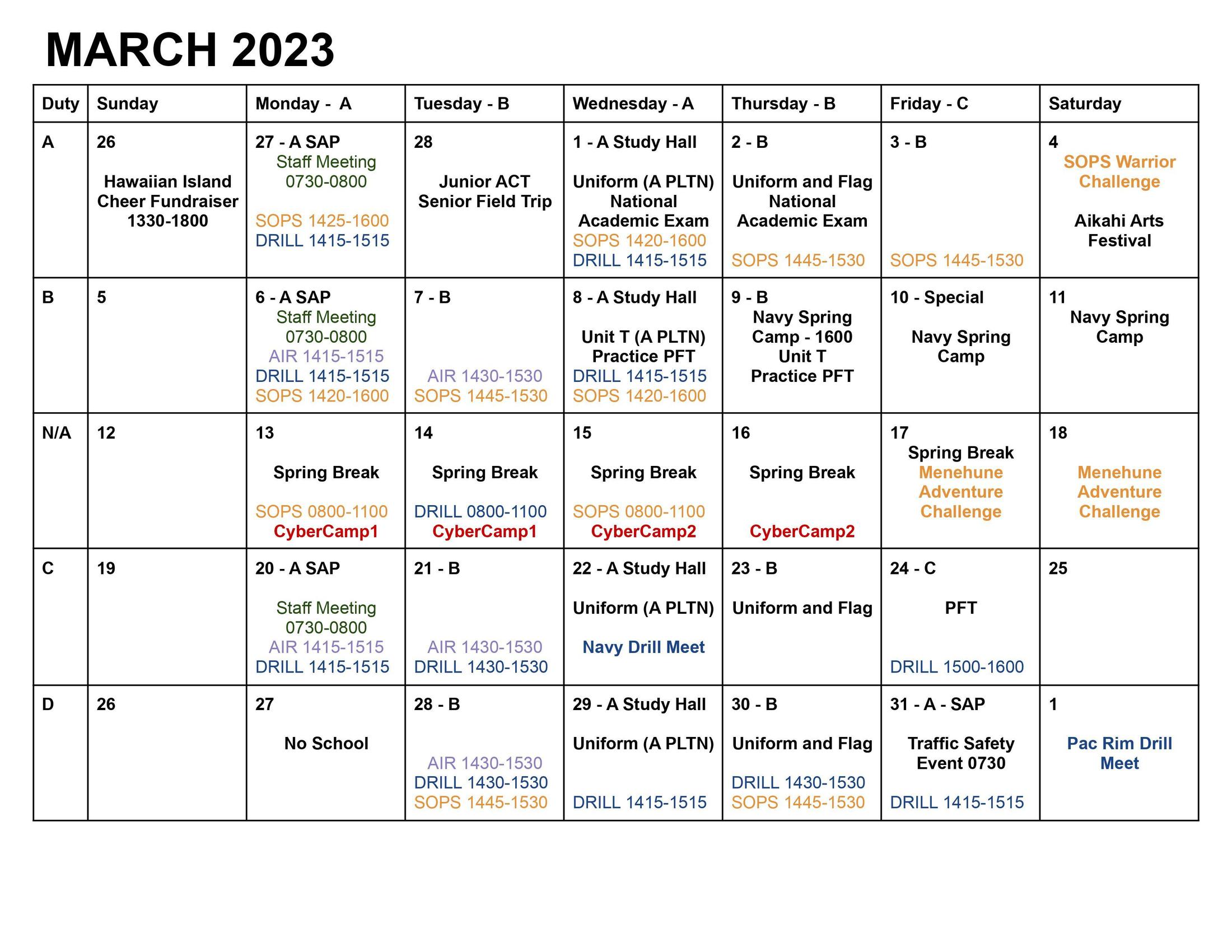 Calendars NJROTC Kalaheo High School