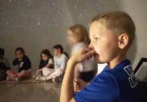 Close-up of a thoughtful boy in a blue shirt, with a group of children in the background.