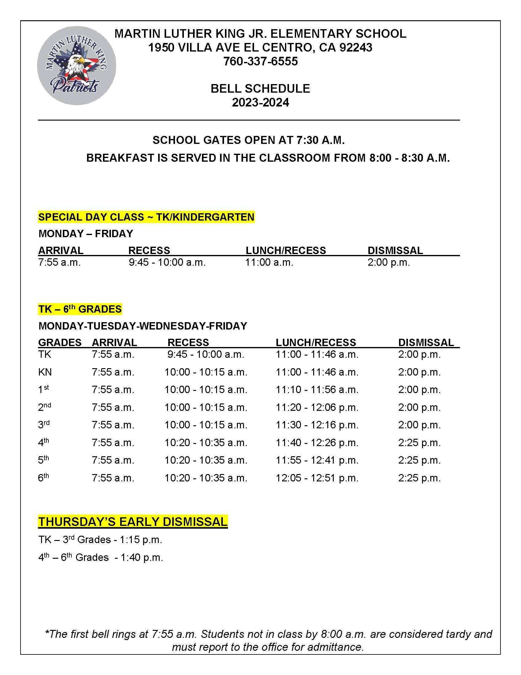 School Schedule – For Parents – ML King Elementary School