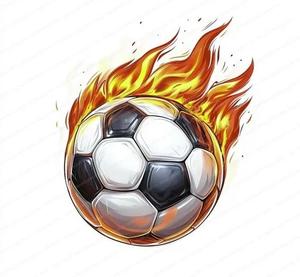 A soccer ball engulfed in flames, illustrating dynamic movement and energy.