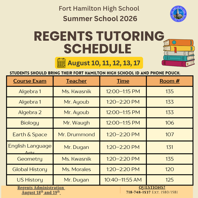 Afternoon Regents Tutoring sessions Beginning August 10- 13, and August 17,  2026 Featured Photo