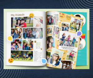Yearbook open to page filled with collage of photos