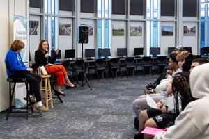Clare Beams chats with Woodland Hills students
