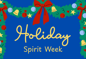 Graphic of holiday garland with colorful ornaments on blue background.