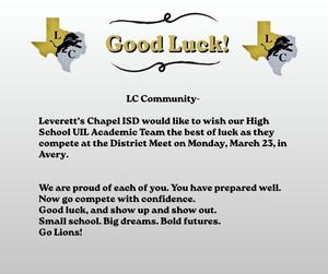 Good luck message to our kids as they compete in UIL.