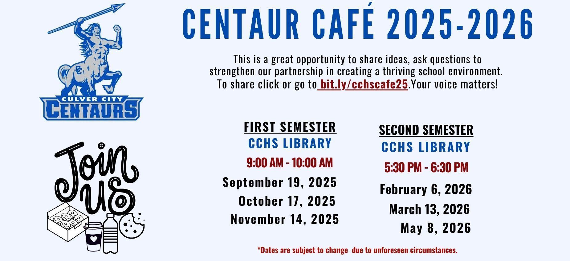 Blue and white flyer for Centaur Café 2025-2026 with event details and a centaur graphic.