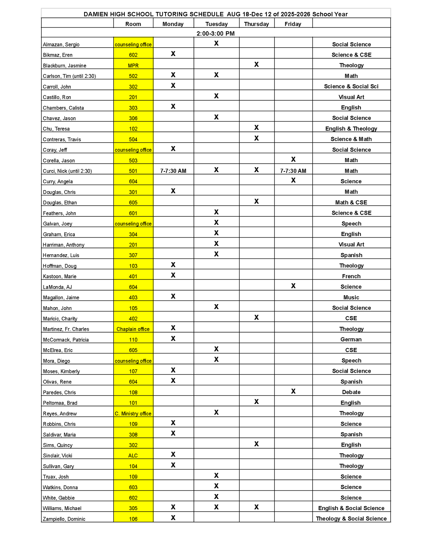 tutoring sched