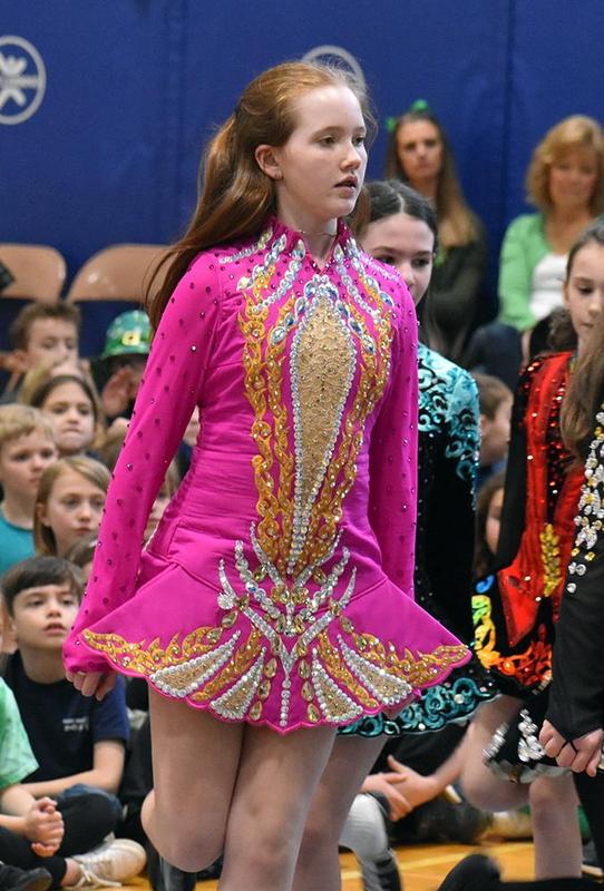 Members of Bell School of Irish Dance, (above) Emma Johnston, Molly Yurisinic, (left) Makenna Myler and Meredith Lindsay perform during a St. Patrick’s Day assembly at Mars Area Elementary School.