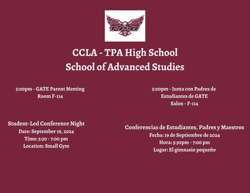 Student-Led Conference Night September 19, 2024 5:30pm to 7pm in the Small Gym / Noche de Conferencias el 19 de Septiembre 2024 de 5:30pm a 7:00pm en el Gimnasio Pequeño