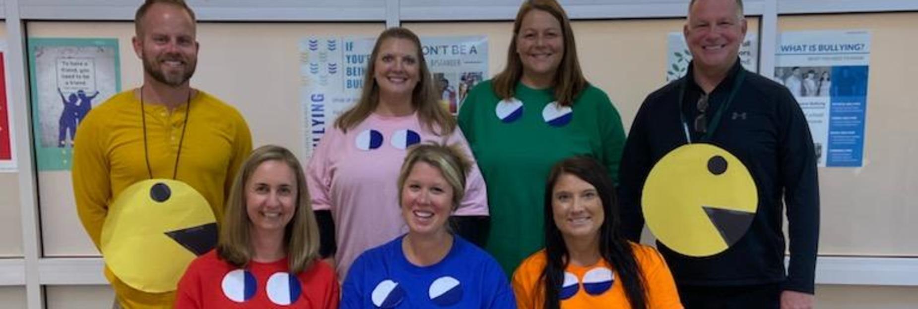 Main office dressed up for Halloween