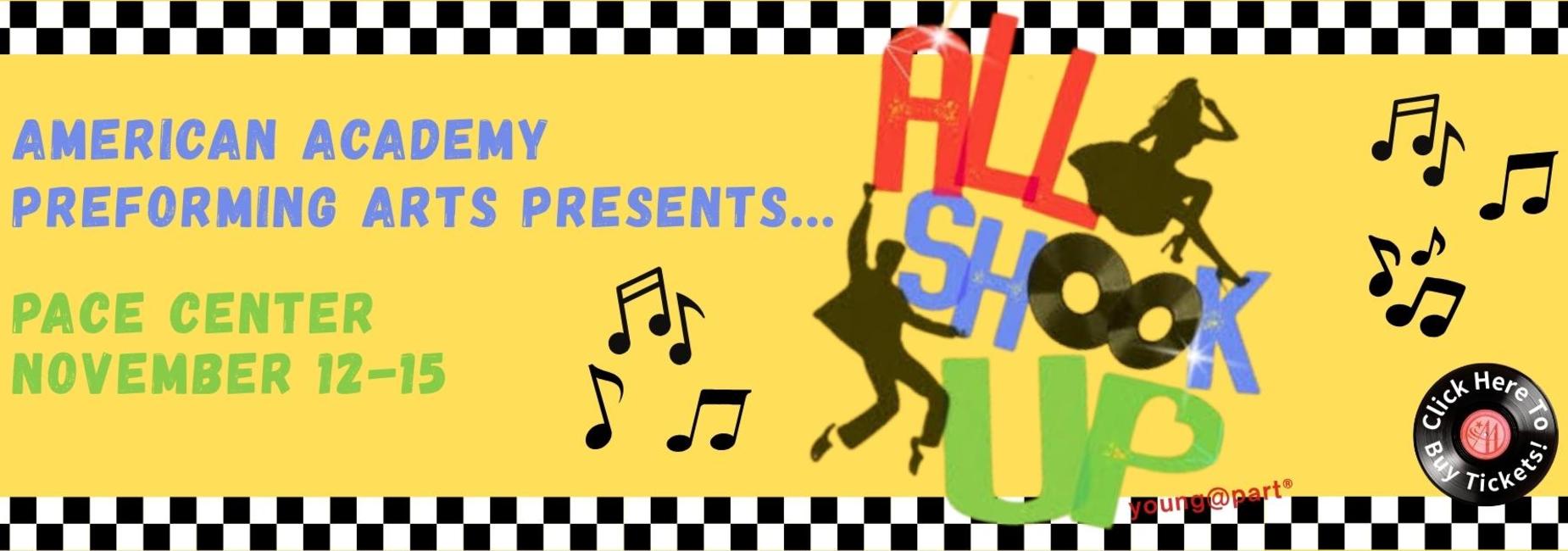 Musical poster featuring 'All Shook Up' with dancers and musical notes.
