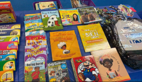 Rows of books on display on a table
