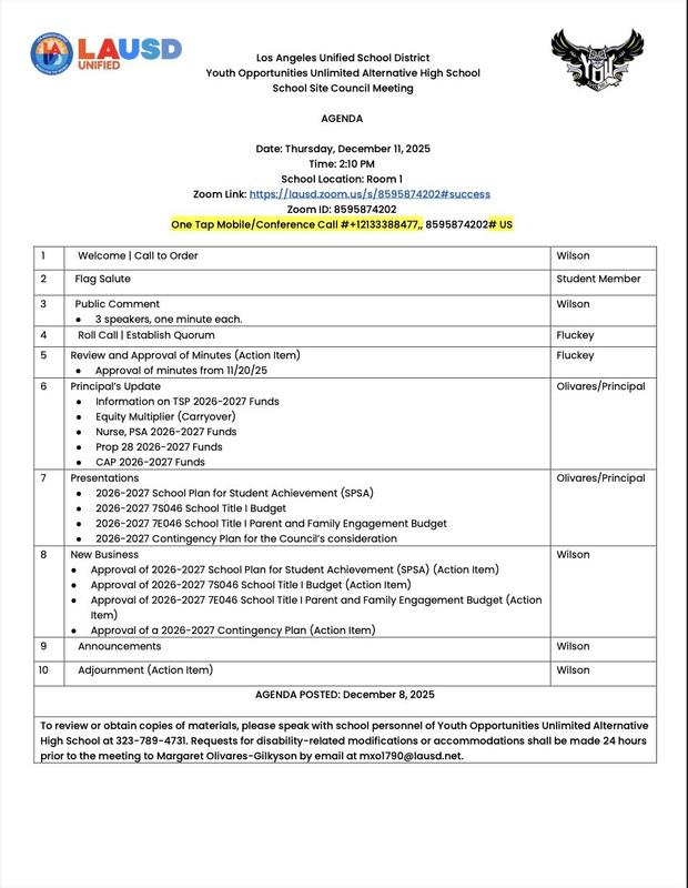 YOUAHS SSC meeting flyer for Dec 11, 2025, at 2:20 PM. Zoom link, agenda, and contact info