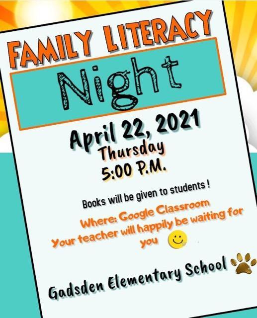 Literacy Night on 4/22/21 at 5:00 p.m. on Teachers Google Classroom Featured Photo