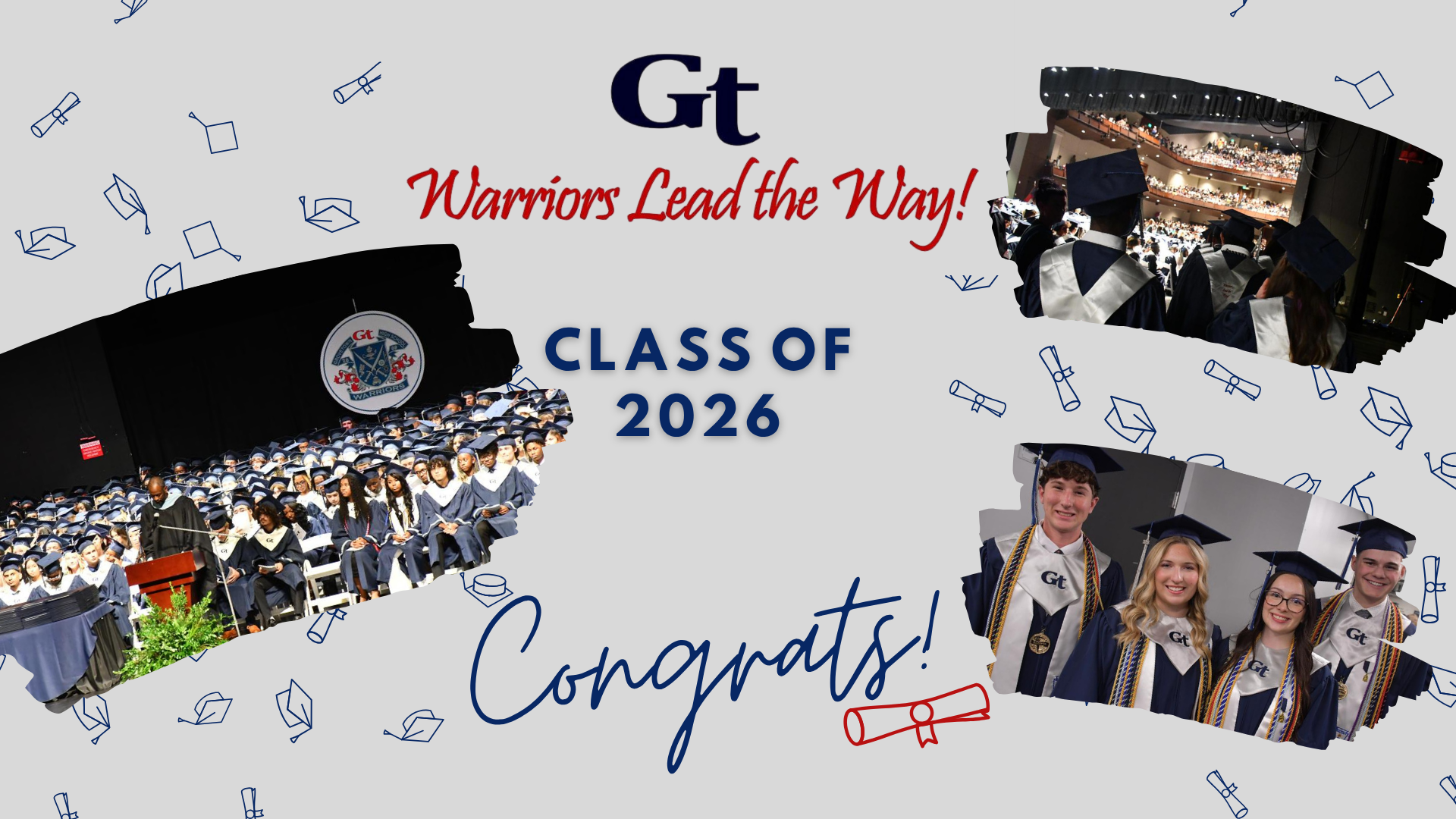 Graduation collage with caps, ceremony and 'Class of 2026' text.