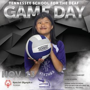 A female volleyball player that is holding the ball and posting for a game day flyer