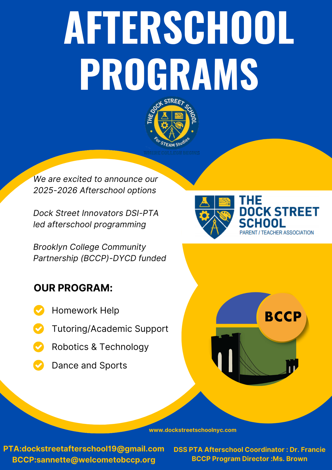 Announcement for afterschool programs including homework help, tutoring, technology, and sports.