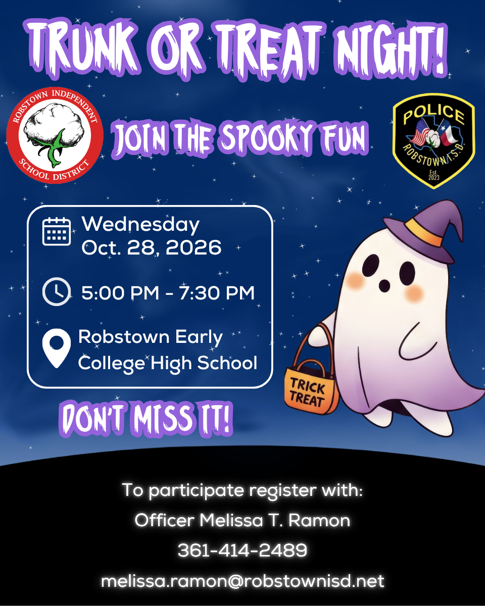 Event flyer for Trunk or Treat Night with a ghost and event details.