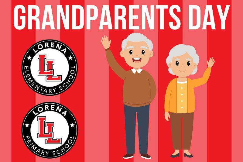 Grandparents day graphics with red background and granparents waving