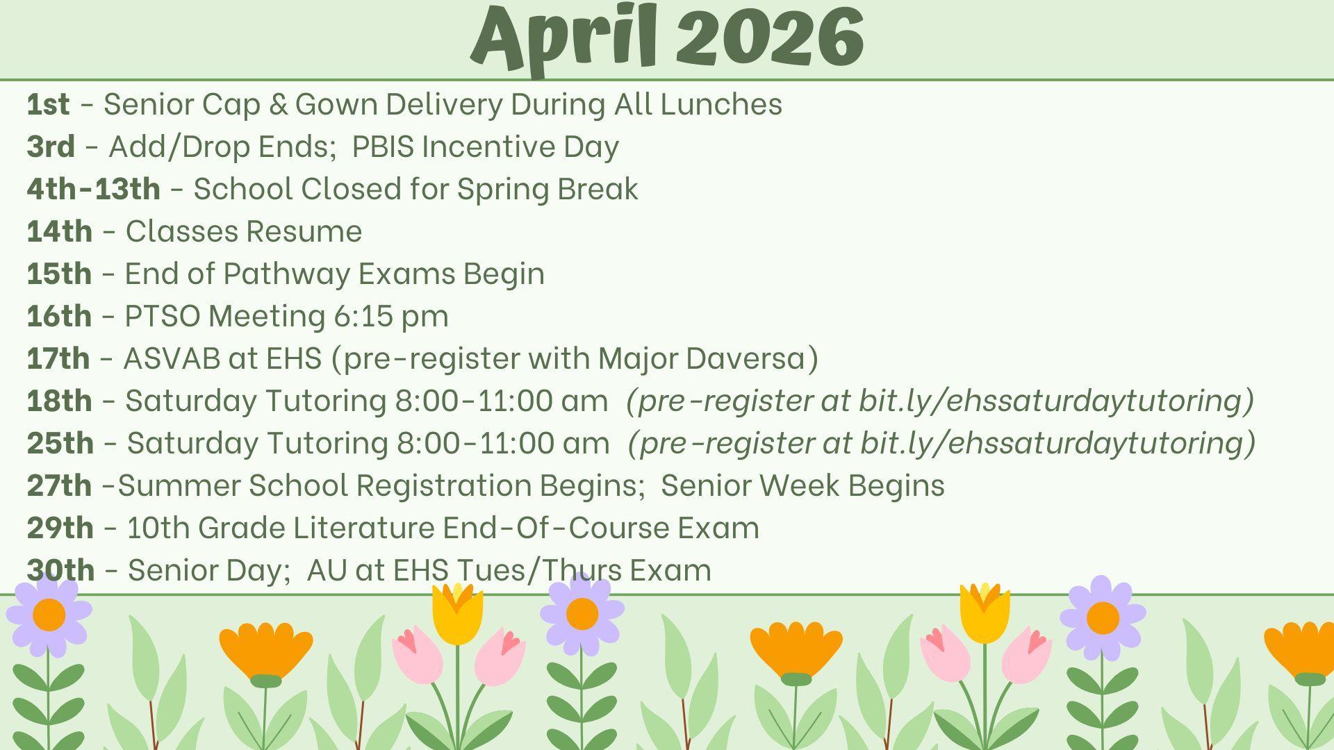 Event schedule for April 2026 with floral border.